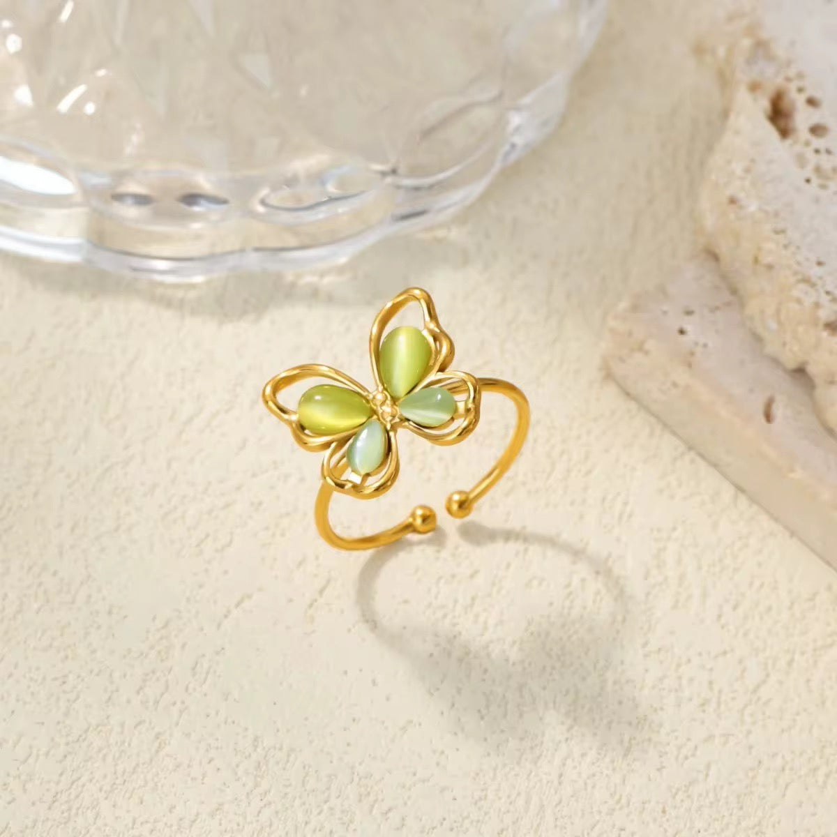 18K Gold Plated Green Butterfly Adjustable Ring