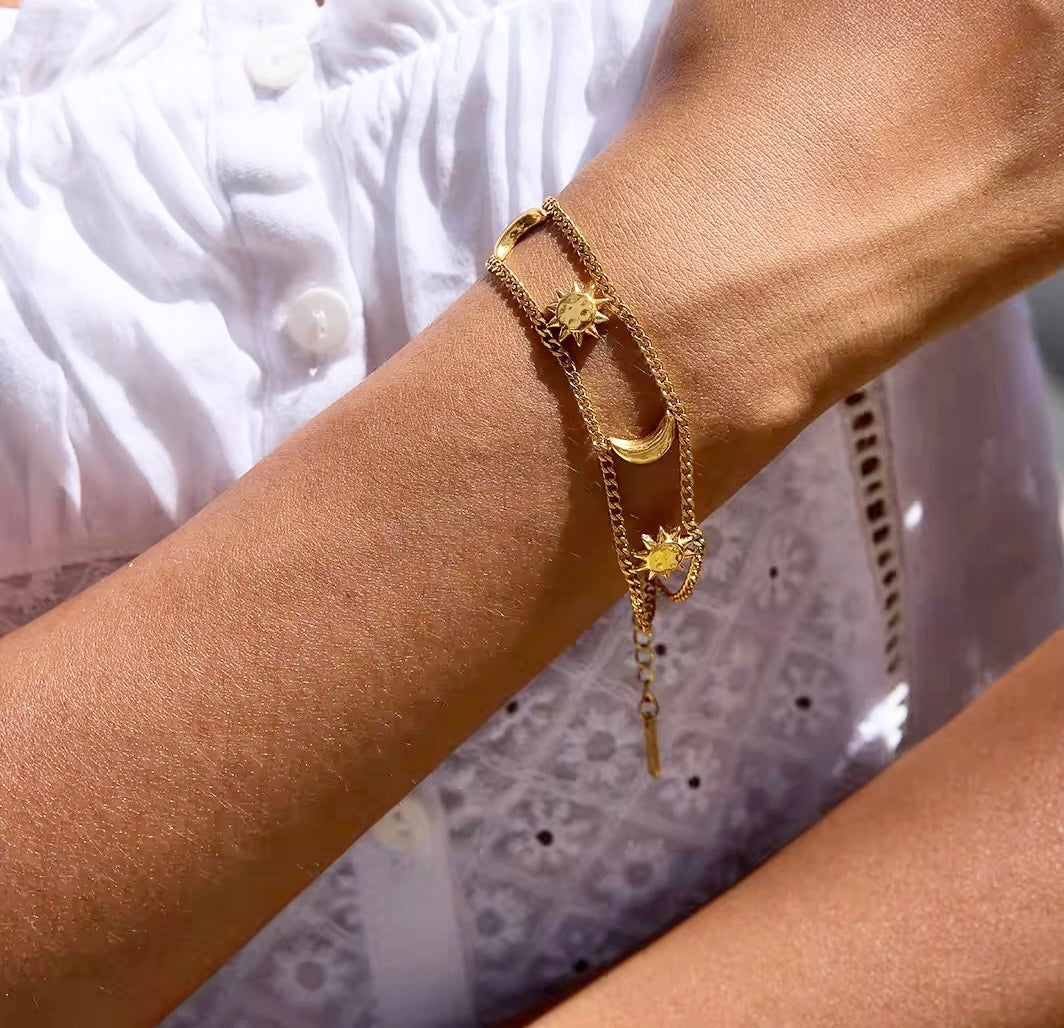 Celestial Sun & Moon Layered Bracelet