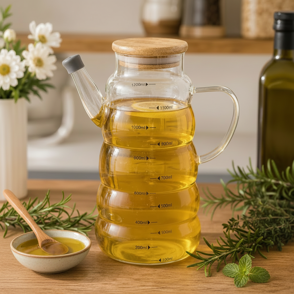 1.2L Glass Oil Jug with Airtight Wooden Lid & Precision Pour Stopper