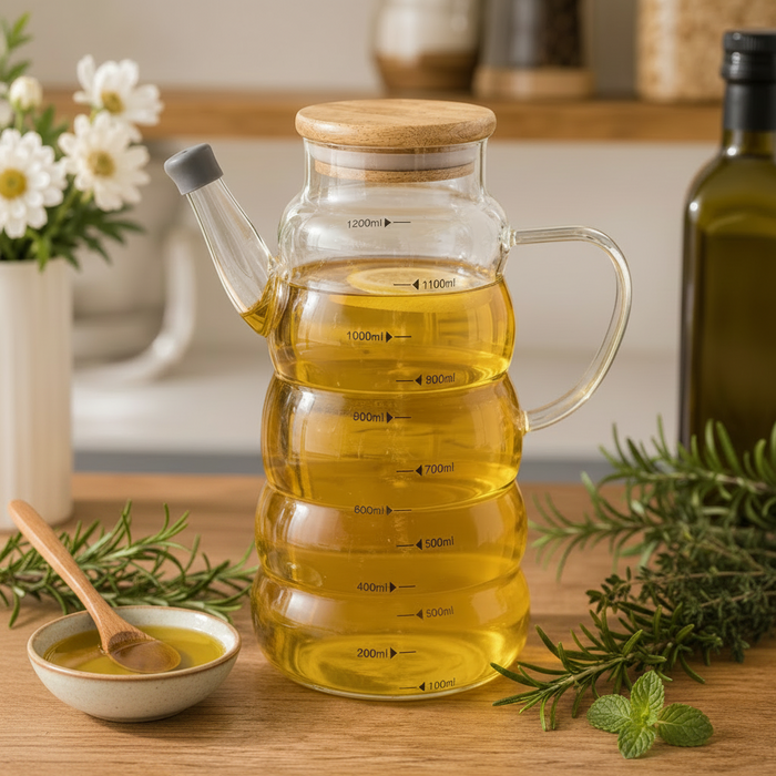 1.2L Glass Oil Jug with Airtight Wooden Lid & Precision Pour Stopper