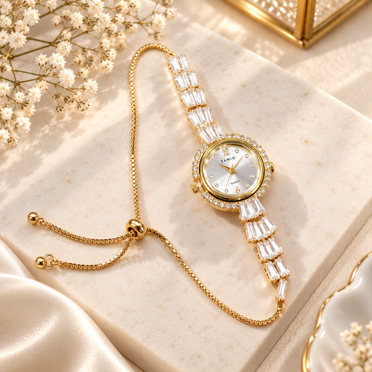 Zircon Adjustable Watch-03 (Golden/White)