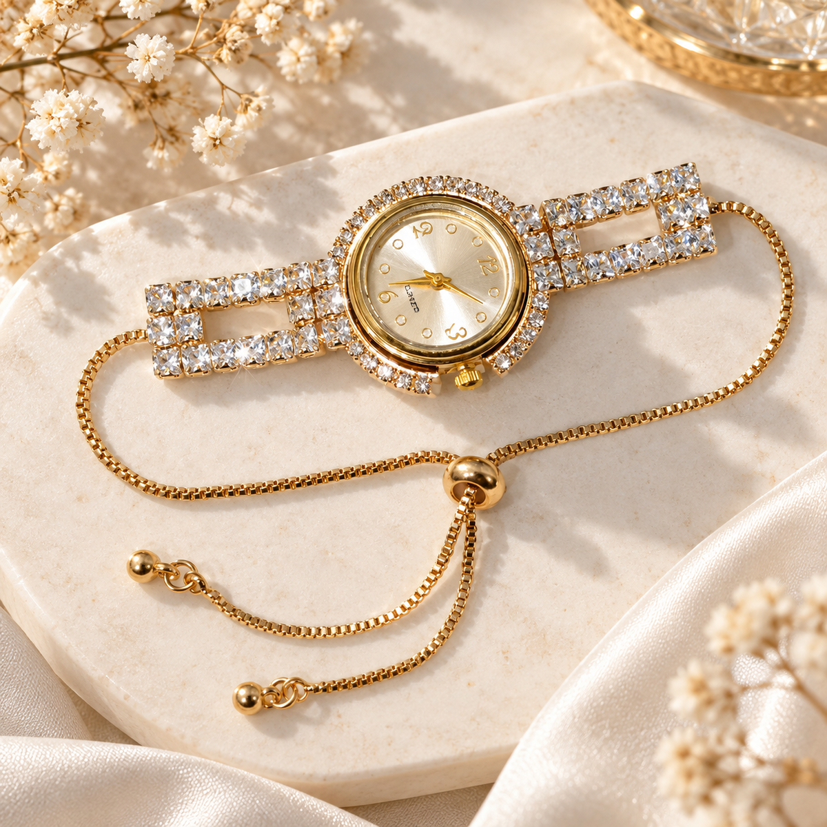 Zircon Adjustable Watch-05 (Golden/White)