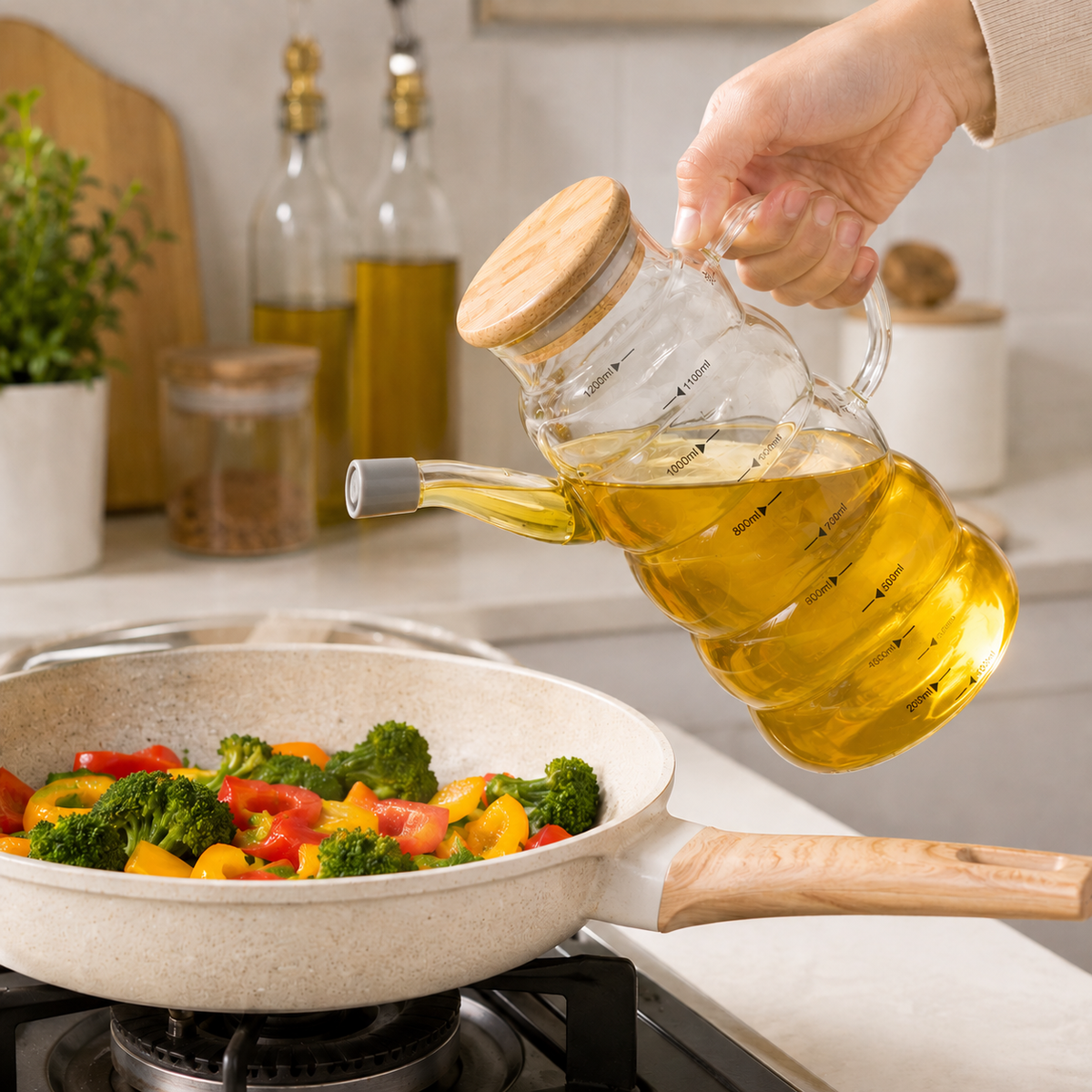 1.2L Glass Oil Jug with Airtight Wooden Lid & Precision Pour Stopper