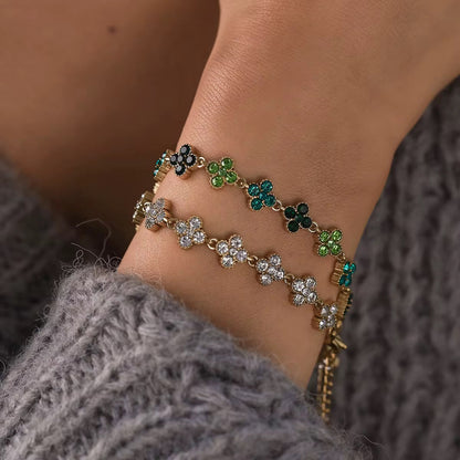 18K Gold Plated Green Crystal Flower Link Bracelet