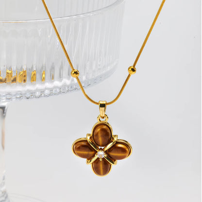 Gold Tone Brown Flower Pendant Necklace
