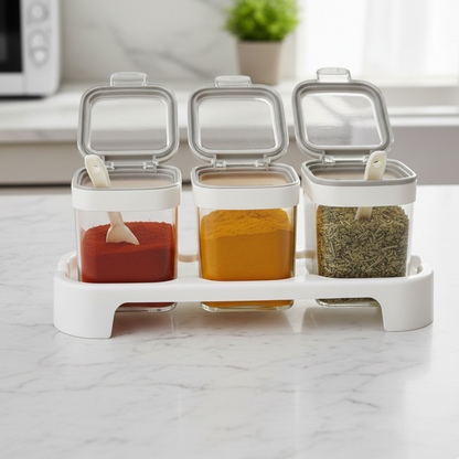 Rectangle 3-Pcs Glass Spice Jars with Plastic Lid & Stand