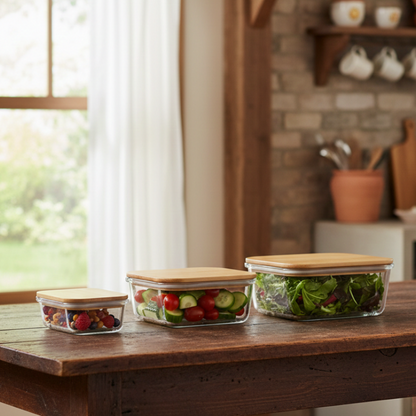 3Pcs Airtight Bamboo-Lid Glass Bowls Set (1146) – Rectangle