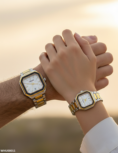 WHU00011 HWR Square White Dial Couple Watch - WHU
