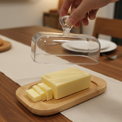 Rustic Wooden Butter Dish with Clear Lid & Knob