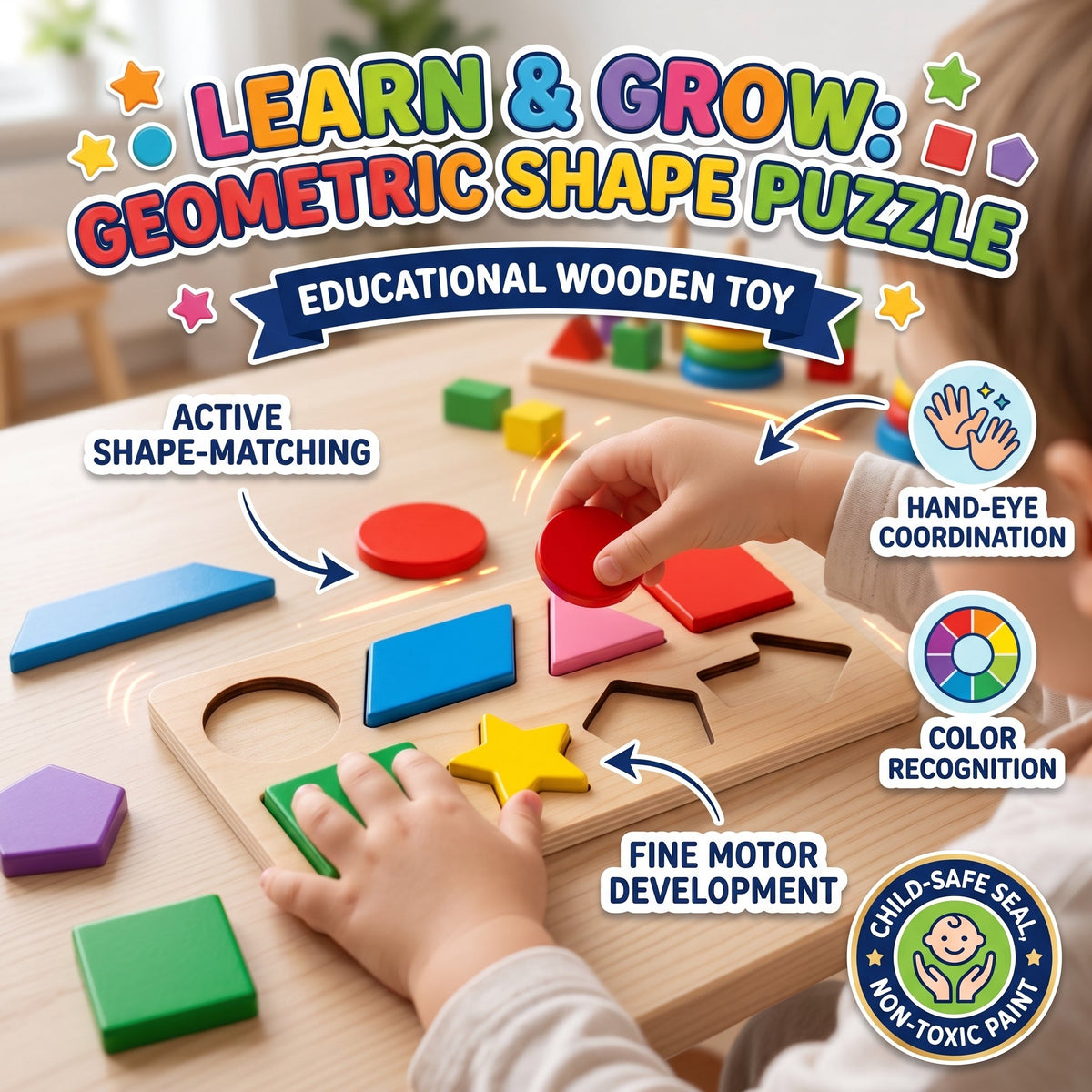 8-Piece Wooden Colour And Shape Puzzle Board Game