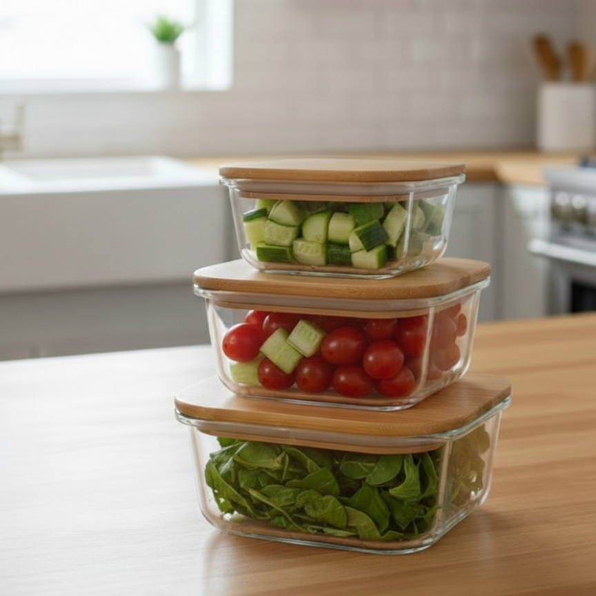 3Pcs Airtight Bamboo-Lid Glass Bowls Set (1144) – Square