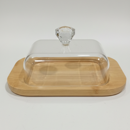 Rustic Wooden Butter Dish with Clear Lid & Knob