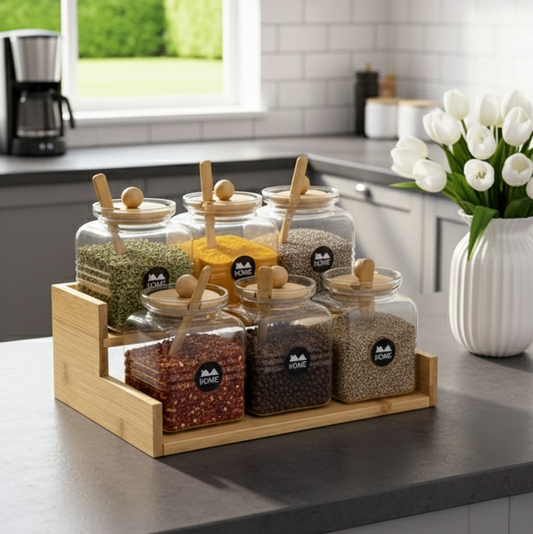 2-Tier Bamboo Spice Rack with Glass Jars & Wooden Spoons (1133)