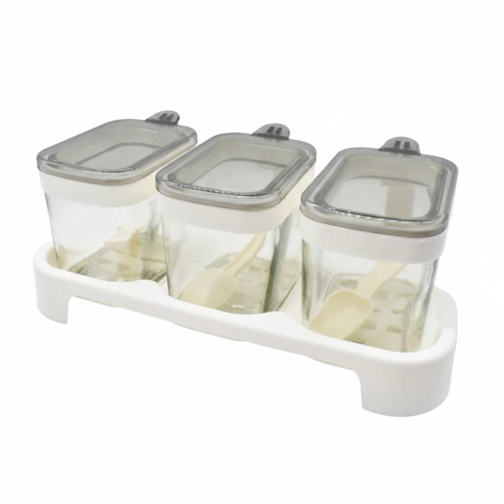 Rectangle 3-Pcs Glass Spice Jars with Plastic Lid & Stand