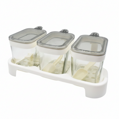 Rectangle 3-Pcs Glass Spice Jars with Plastic Lid & Stand
