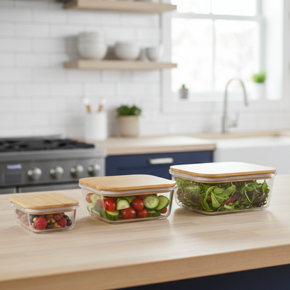 3Pcs Airtight Bamboo-Lid Glass Bowls Set (1144) – Square