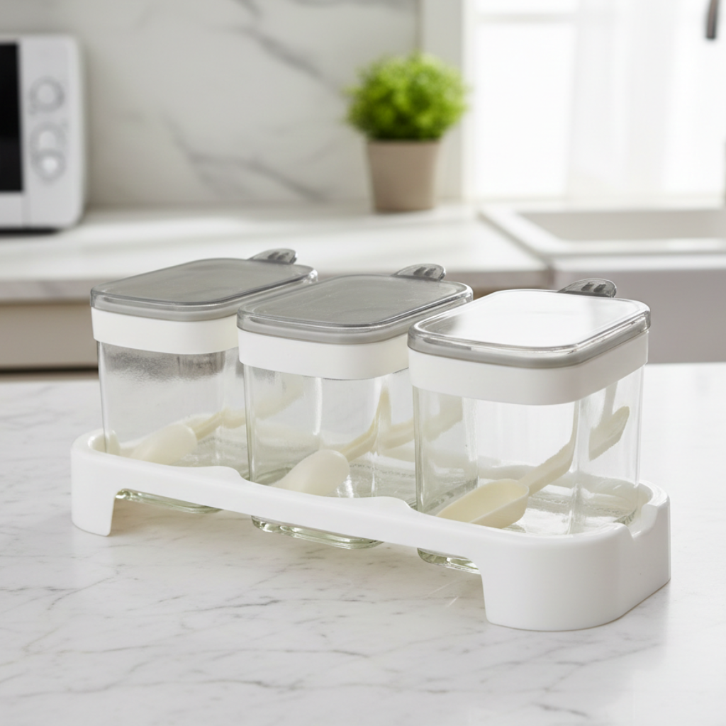 Rectangle 3-Pcs Glass Spice Jars with Plastic Lid & Stand