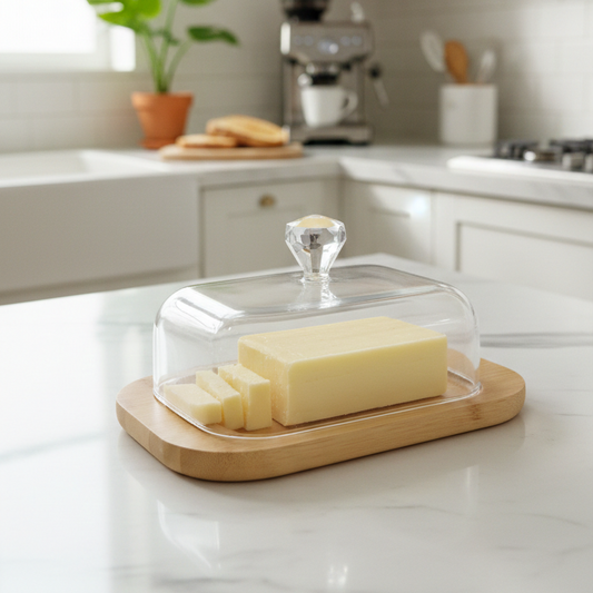 Rustic Wooden Butter Dish with Clear Lid & Knob