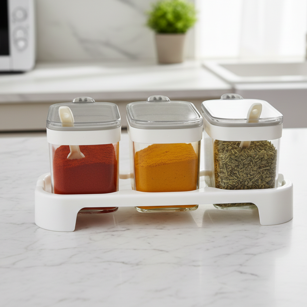 Rectangle 3-Pcs Glass Spice Jars with Plastic Lid & Stand