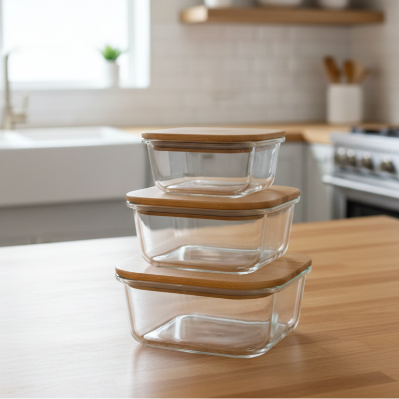 3Pcs Airtight Bamboo-Lid Glass Bowls Set (1144) – Square
