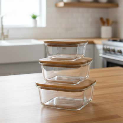 3Pcs Airtight Bamboo-Lid Glass Bowls Set (1144) – Square