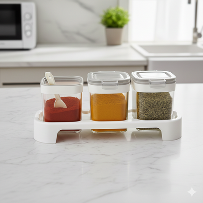 Rectangle 3-Pcs Glass Spice Jars with Plastic Lid & Stand