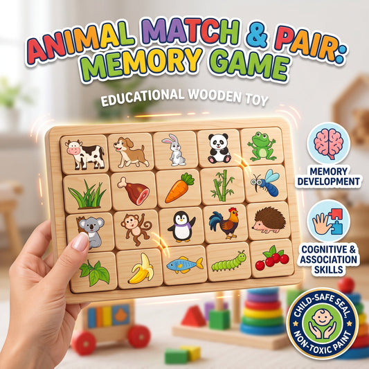 20-Piece Wooden Animal And Food Matching Tiles Set