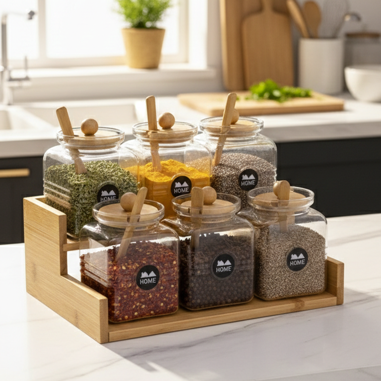 2-Tier Bamboo Spice Rack with Glass Jars & Wooden Spoons (1133)