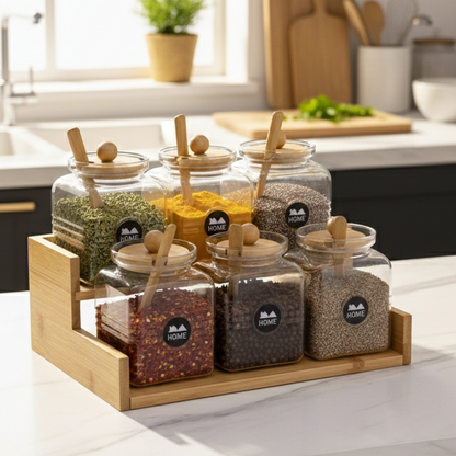 2-Tier Bamboo Spice Rack with Glass Jars & Wooden Spoons (1133)