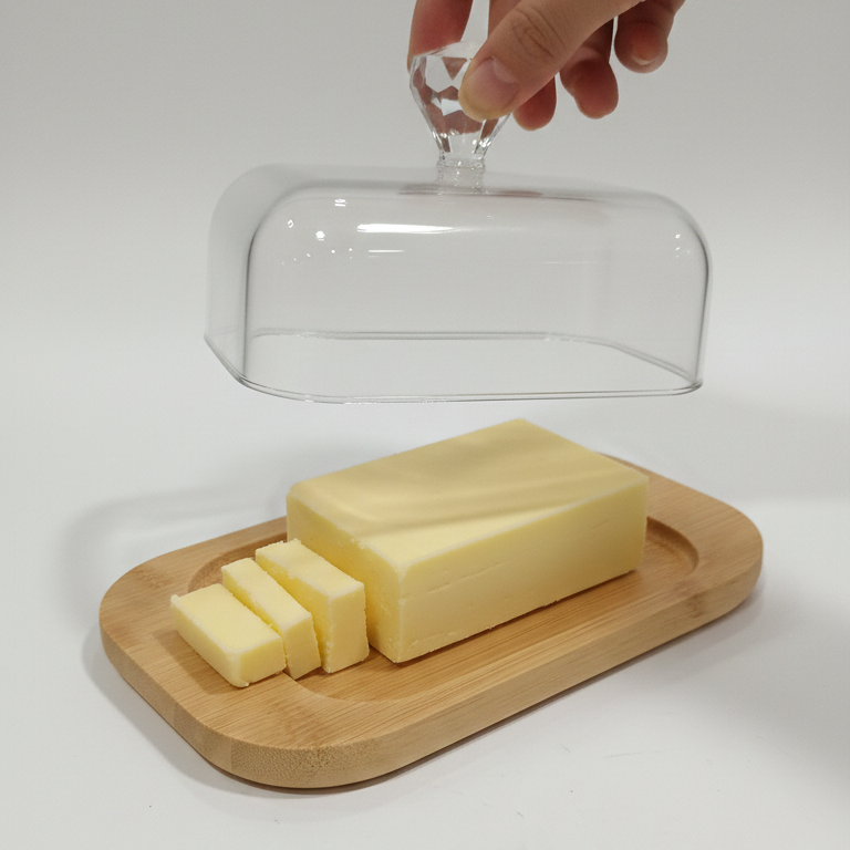 Rustic Wooden Butter Dish with Clear Lid & Knob