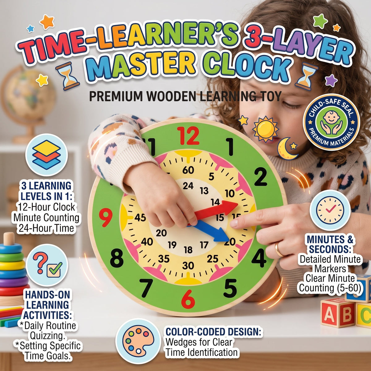 12 And 24 Hour Wooden Teaching Clock