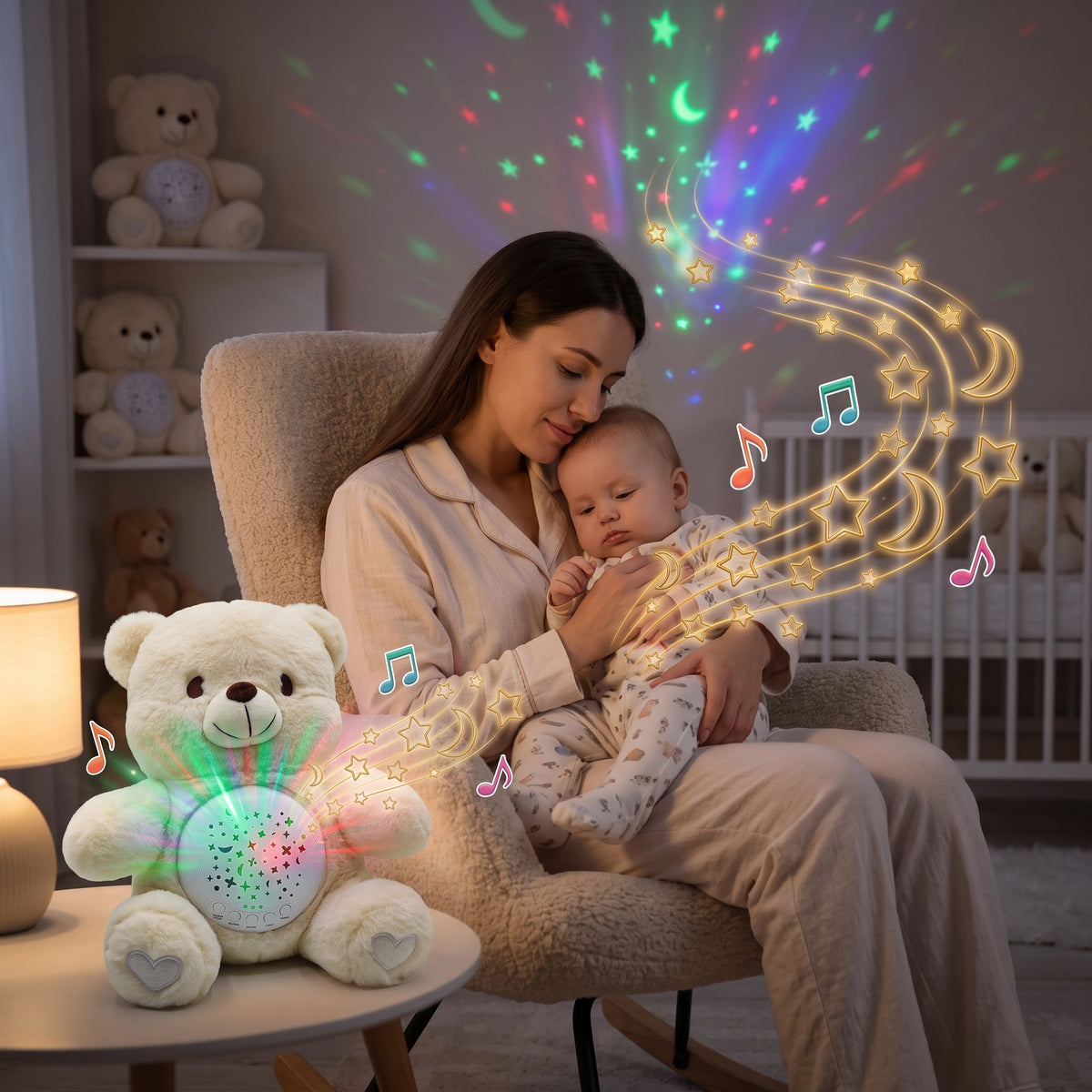 Star Projector White Teddy Bear With Sleep Soother