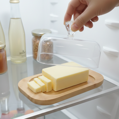 Rustic Wooden Butter Dish with Clear Lid & Knob