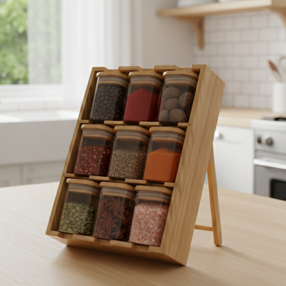 The Spice Slope: 9-Jar Fixed-Angle Bamboo & Glass Gallery (1132)