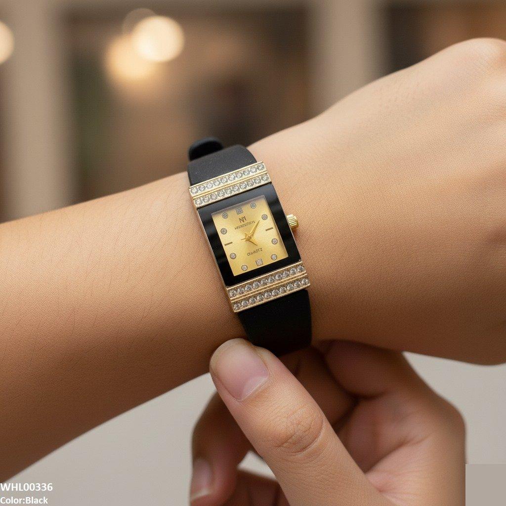 WHL00336 BWS Rectangle Stone Dial Women Rubber Strap Watch - WHL