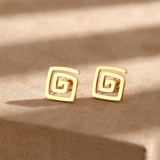 Spiral Square Gold Stud Earrings