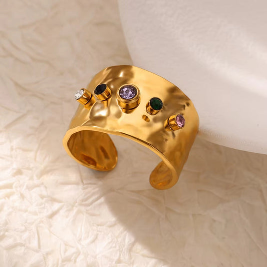 Chunky Gold Open Ring with Colored Crystals