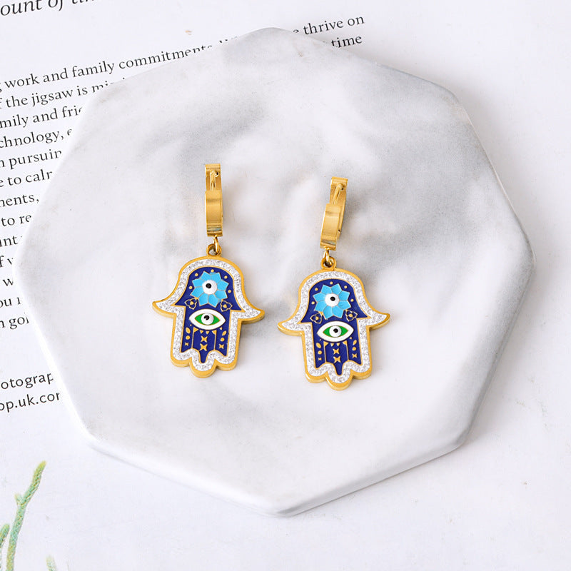 18K Gold Plated Blue Hamsa Evil Eye Drop Earrings