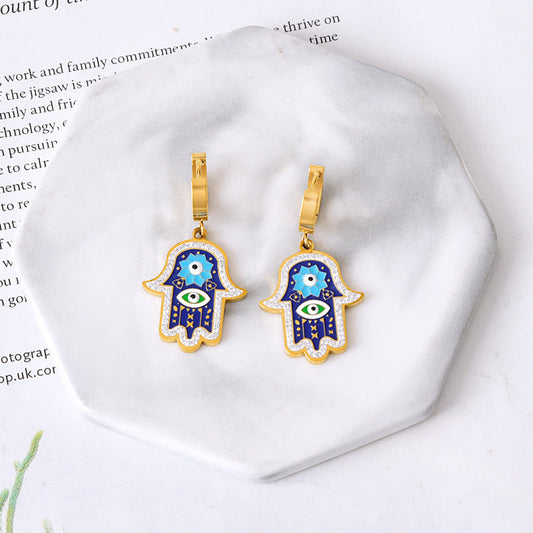 18K Gold Plated Blue Hamsa Evil Eye Drop Earrings