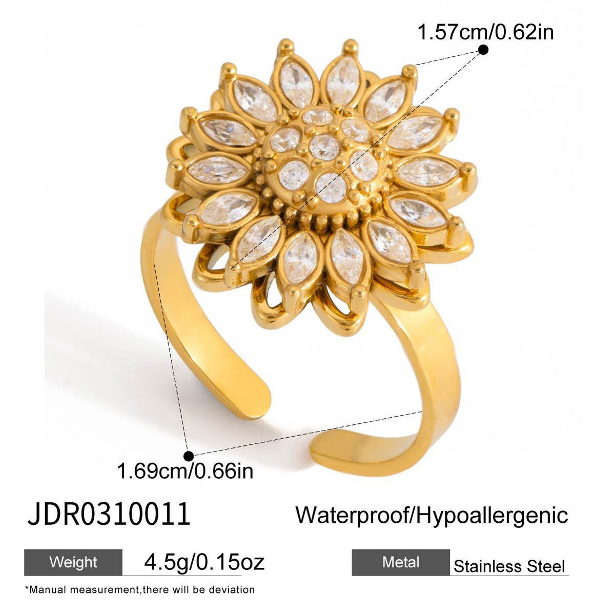 Sunflower Crystal Spinning Fidget Adjustable Ring