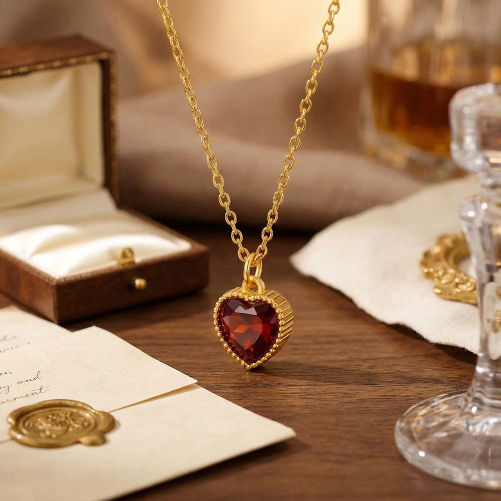 Vintage Beaded Garnet Heart Pendant Necklace