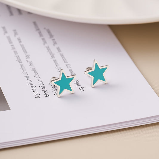 Green Star Enamel Steel Stud Earrings