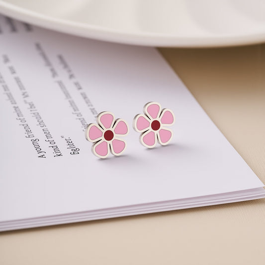 Pink Enamel Daisy Flower Stud Earrings