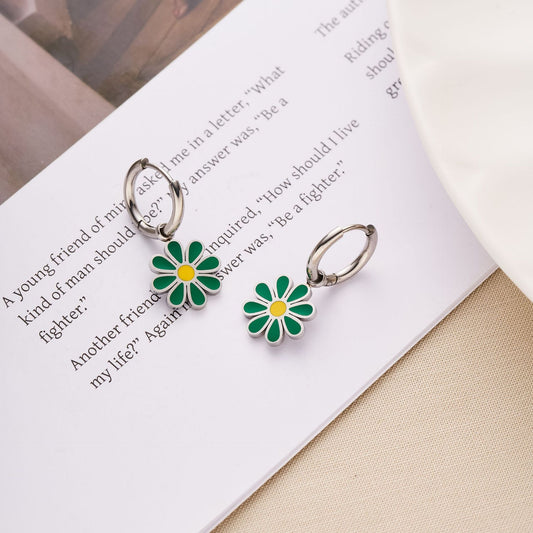 Green Daisy Enamel Huggie Earrings