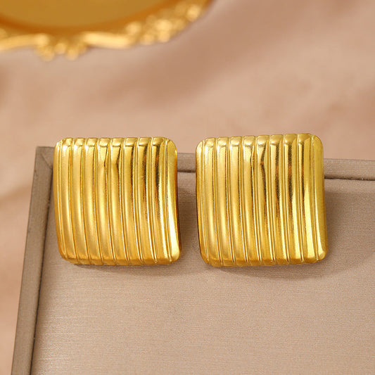 Golden Ribbed Square Stud Earrings