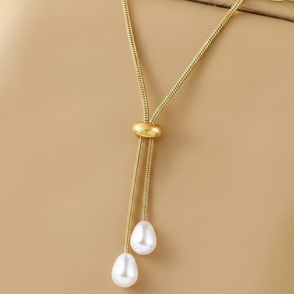 Golden Lariat Pearl Tassel Necklace