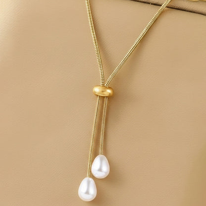 Golden Lariat Pearl Tassel Necklace