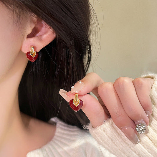 Retro Red Enamel Heart Gold Earrings