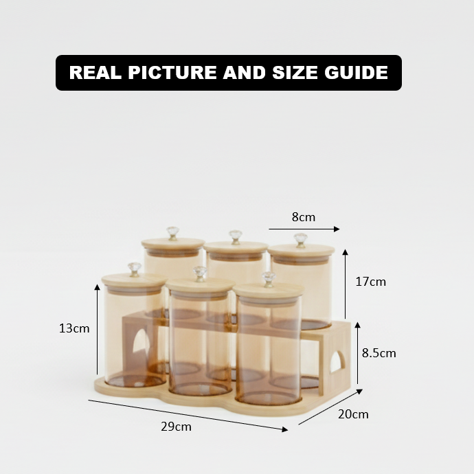 TintedDiamond 6-Pcs Glass Jar Set with Bamboo Stand (1119)