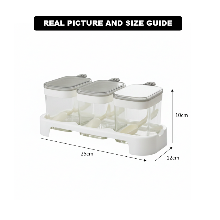 Rectangle 3-Pcs Glass Spice Jars with Plastic Lid & Stand